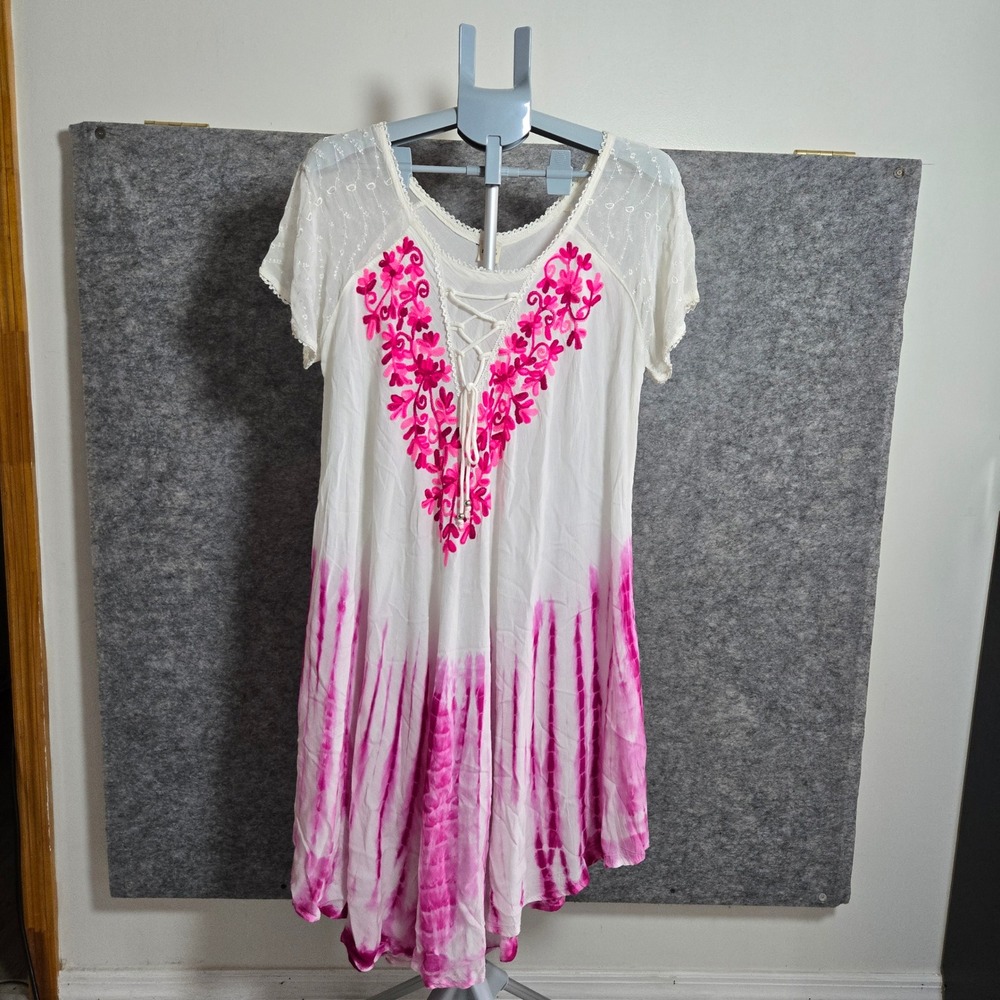 Seven Islands Womens White Pink AF5661 Boho Embroidered Tie Dye Dress M